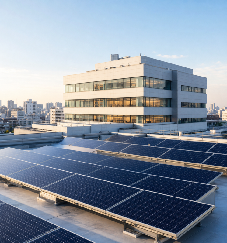オフィスビルの屋上に設置された太陽光パネル